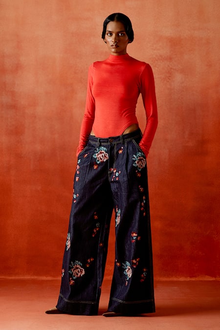 Jajaabor Red Silk Organza, Denim Embroidery, Cut Work Open Neck Trench Jacket And Pant Set at Aza Fashions Jajaabor_Red Silk Organza, Denim Embroidery, Cut Work Open Neck Trench Jacket And Pant Set _at_Aza_Fashions