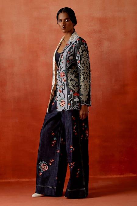 Jajaabor_Ivory Chanderi Silk, Denim Cut Work, Embroidery Colorblock Jacket And Pant Set _Online_at_Aza_Fashions