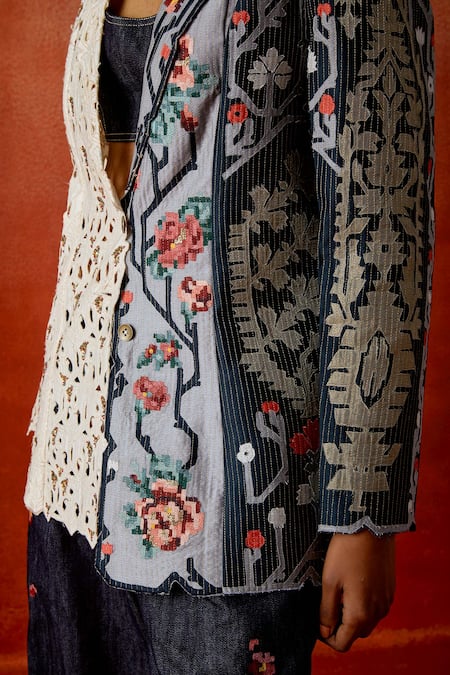 Buy_Jajaabor_Ivory Chanderi Silk, Denim Cut Work, Embroidery Colorblock Jacket And Pant Set _Online_at_Aza_Fashions