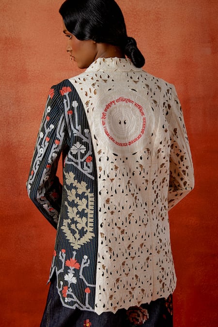 Shop_Jajaabor_Ivory Chanderi Silk, Denim Cut Work, Embroidery Colorblock Jacket And Pant Set _Online_at_Aza_Fashions