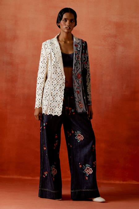 Jajaabor_Ivory Chanderi Silk, Denim Cut Work, Embroidery Colorblock Jacket And Pant Set _at_Aza_Fashions