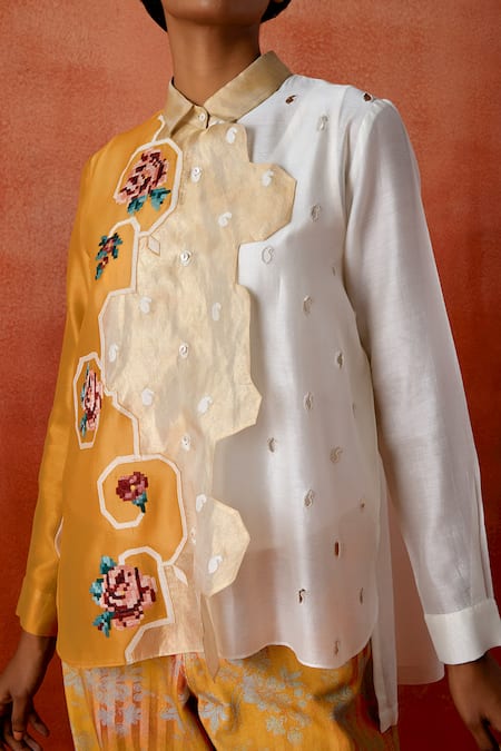 Shop Jajaabor Ivory Chanderi Silk, Denim Embroidery, Cut Work Shirt And Printed Pant Set Online at Aza Fashions Shop_Jajaabor_Ivory Chanderi Silk, Denim Embroidery, Cut Work Shirt And Printed Pant Set _Online_at_Aza_Fashions