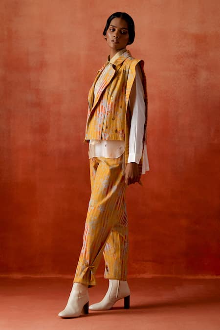 Jajaabor_White Chanderi Silk, Denim Embroidery Collared Jacket Pant Set _Online_at_Aza_Fashions