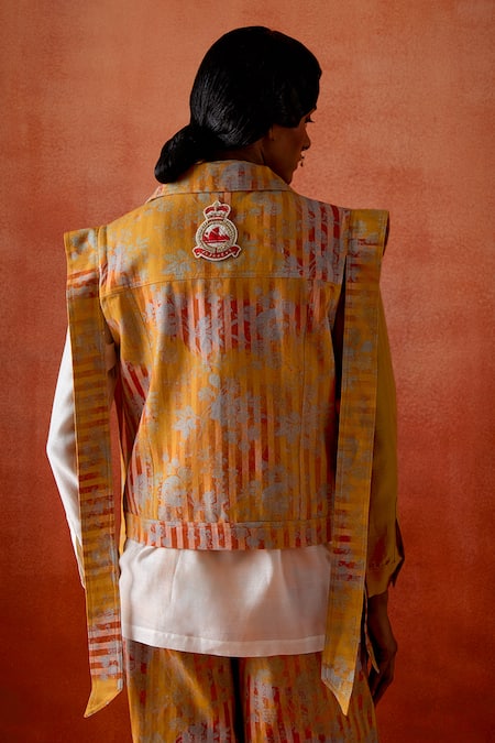 Buy_Jajaabor_White Chanderi Silk, Denim Embroidery Collared Jacket Pant Set _Online_at_Aza_Fashions