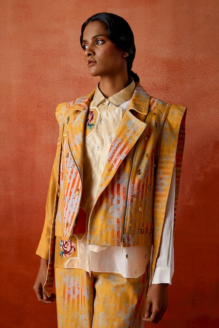 Shop_Jajaabor_White Chanderi Silk, Denim Embroidery Collared Jacket Pant Set _Online_at_Aza_Fashions