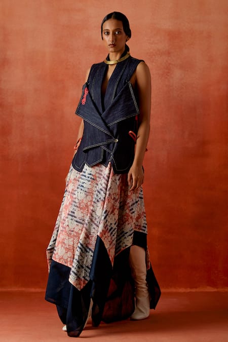 Buy_Jajaabor_Blue Denim, Chanderi Silk Embroidery V-neck Overlap Jacket And Skirt Set _Online_at_Aza_Fashions