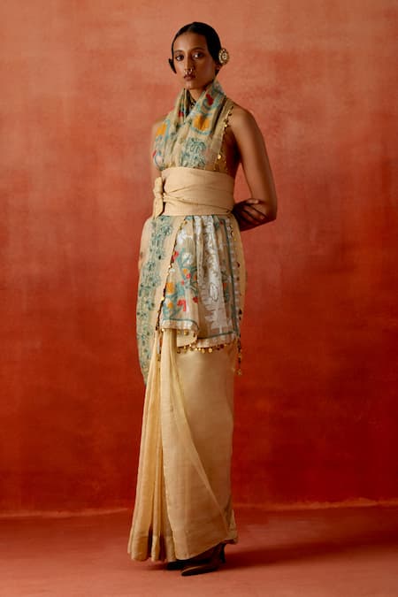 Jajaabor_Gold Tissue Embroidery, Sequins Saree With Unstitched Blouse Piece _Online_at_Aza_Fashions