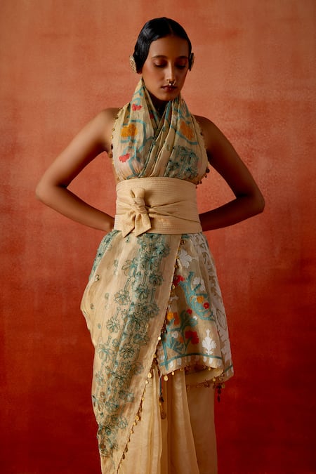 Jajaabor_Gold Tissue Embroidery, Sequins Saree With Unstitched Blouse Piece _at_Aza_Fashions