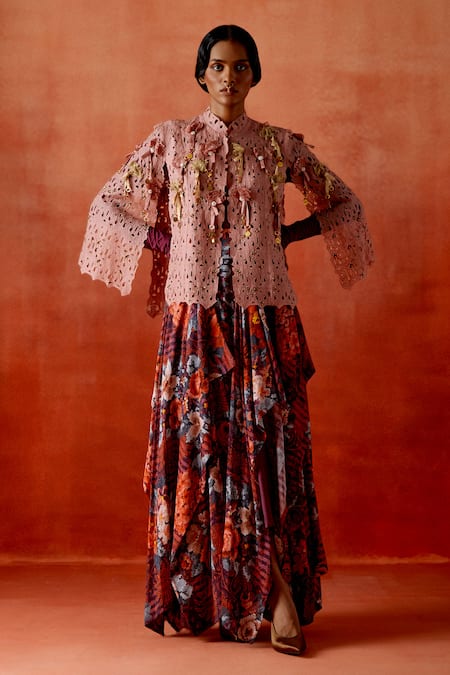 Jajaabor Cutwork Embroidered Cape & Draped Skirt Set 