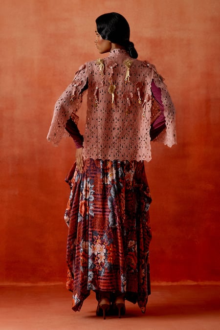 Jajaabor Cutwork Embroidered Cape & Draped Skirt Set 