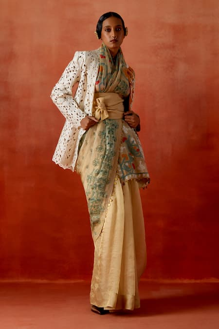 Jajaabor Gold Tissue, Chanderi Silk Embroidery, Cut Work Notched Neck Saree With Jacket Online at Aza Fashions Jajaabor_Gold Tissue, Chanderi Silk Embroidery, Cut Work Notched Neck Saree With Jacket _Online_at_Aza_Fashions