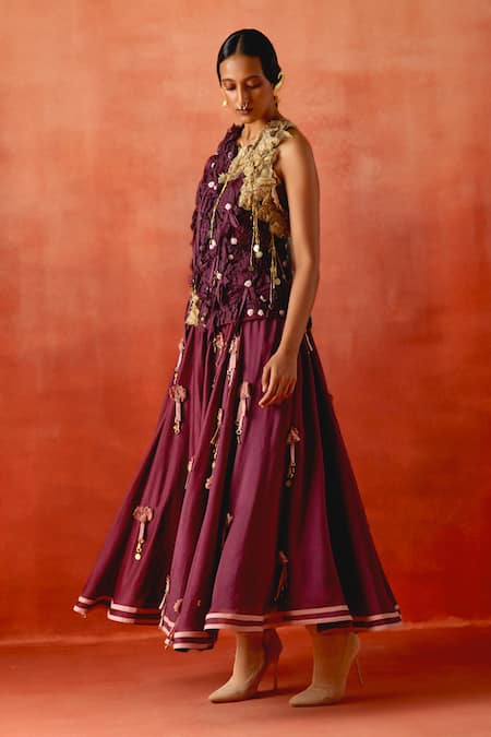 Jajaabor_Wine , , Applique, 3d Flower Jacket And Skirt Set _Online_at_Aza_Fashions