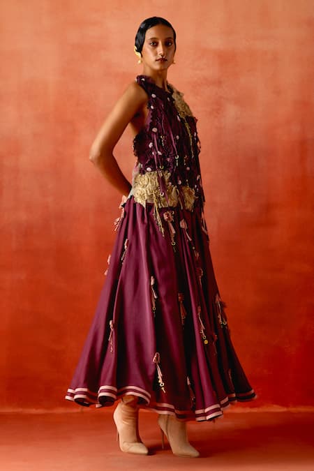 Buy_Jajaabor_Wine , , Applique, 3d Flower Jacket And Skirt Set _Online_at_Aza_Fashions