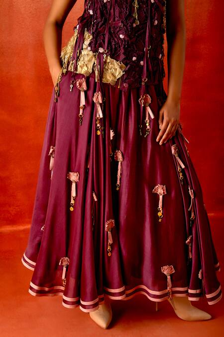 Shop_Jajaabor_Wine , , Applique, 3d Flower Jacket And Skirt Set _Online_at_Aza_Fashions