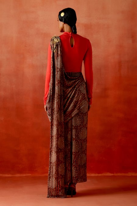 Jajaabor Printed Pre-Draped Saree With Bodysuit 
