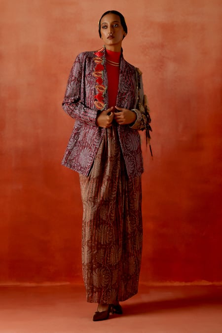 Jajaabor Pomegranate Embroidered Jacket & Draped Skirt Set 