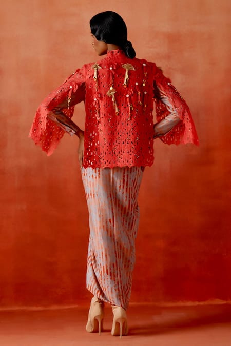 Jajaabor Cutwork Cape With Knotted Pull Up Dress 