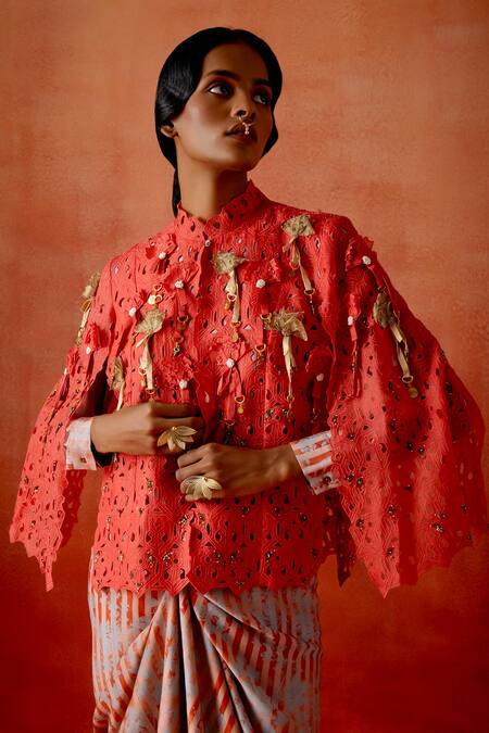 Jajaabor Red Chanderi , Organza High Cutwork Cape With Knotted Pull Up Dress at Aza Fashions Jajaabor_Red Chanderi , Organza High Cutwork Cape With Knotted Pull Up Dress _at_Aza_Fashions