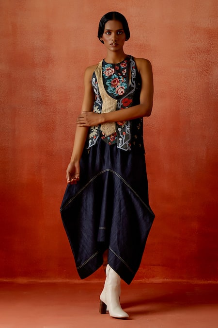 Jajaabor Angrakha Jacket & Denim Barrel Skirt Set 