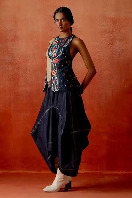 Buy Jajaabor Blue Chanderi Silk, Denim Embroidery High Angrakha Jacket And Barrel Skirt Set Online at Aza Fashions Buy_Jajaabor_Blue Chanderi Silk, Denim Embroidery High Angrakha Jacket And Barrel Skirt Set _Online_at_Aza_Fashions