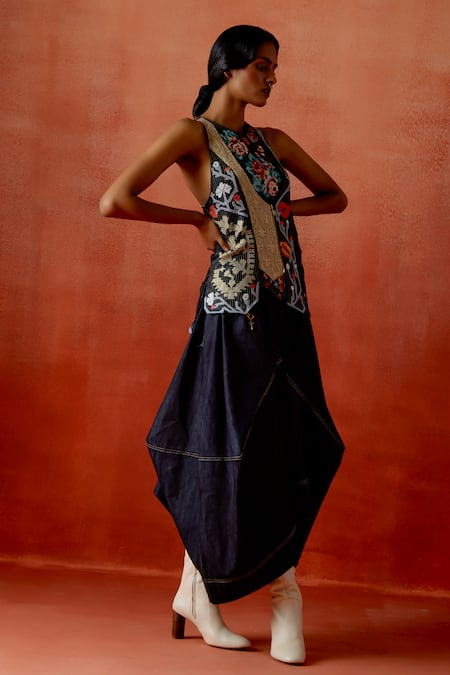 Jajaabor Blue Chanderi Silk, Denim Embroidery High Angrakha Jacket And Barrel Skirt Set at Aza Fashions Jajaabor_Blue Chanderi Silk, Denim Embroidery High Angrakha Jacket And Barrel Skirt Set _at_Aza_Fashions