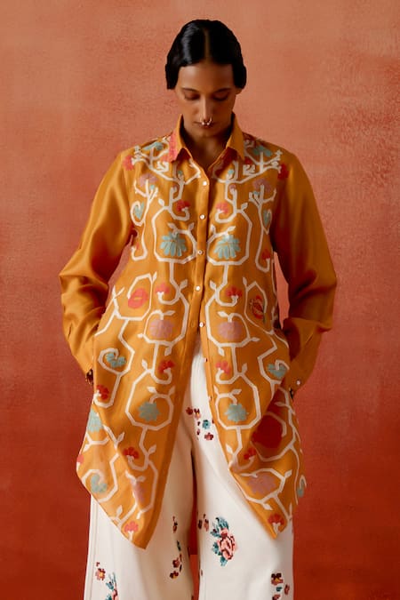 Buy_Jajaabor_Ivory Denim, Silk, Chanderi Embroidery Collared Biker Jacket And Pant Set _Online_at_Aza_Fashions