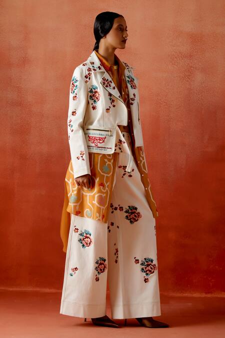 Jajaabor_Ivory Denim, Silk, Chanderi Embroidery Collared Biker Jacket And Pant Set _at_Aza_Fashions