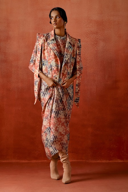 Jajaabor Printed Biker Jacket With Draped Dress 