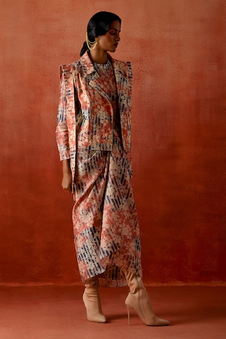 Jajaabor Printed Biker Jacket With Draped Dress 