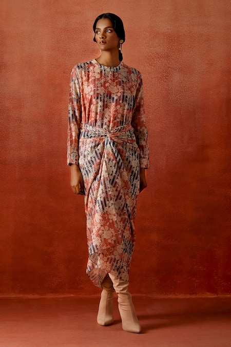 Buy Jajaabor Multi Color Chanderi Silk, Denim Foil Printed Biker Jacket With Draped Dress Online at Aza Fashions Buy_Jajaabor_Multi Color Chanderi Silk, Denim Foil Printed Biker Jacket With Draped Dress _Online_at_Aza_Fashions