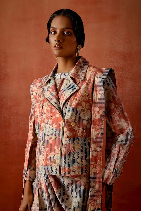Jajaabor Multi Color Chanderi Silk, Denim Foil Printed Biker Jacket With Draped Dress at Aza Fashions Jajaabor_Multi Color Chanderi Silk, Denim Foil Printed Biker Jacket With Draped Dress _at_Aza_Fashions