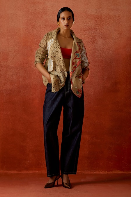 Jajaabor Embroidered Trench Jacket & Denim Pant Set 