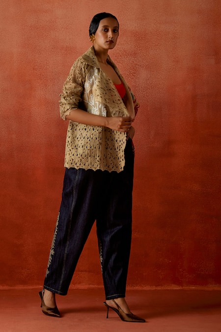 Buy_Jajaabor_Gold Tissue, Denim Embroidery, Cut Work Open Neck Trench Jacket And Pant Set _Online_at_Aza_Fashions