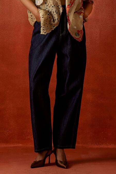 Shop_Jajaabor_Gold Tissue, Denim Embroidery, Cut Work Open Neck Trench Jacket And Pant Set _Online_at_Aza_Fashions