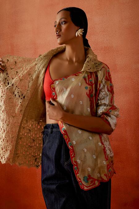 Jajaabor_Gold Tissue, Denim Embroidery, Cut Work Open Neck Trench Jacket And Pant Set _at_Aza_Fashions