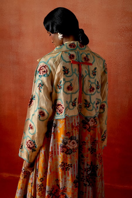 Jajaabor Multi Color Chanderi Silk, Tissue Floral And Geometric Print Trench Jacket Online at Aza Fashions Jajaabor_Multi Color Chanderi Silk, Tissue Floral And Geometric Print Trench Jacket _Online_at_Aza_Fashions