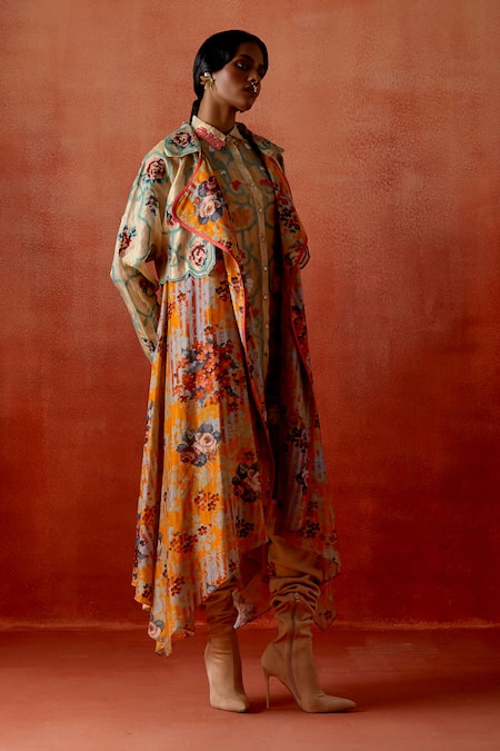 Buy Jajaabor Multi Color Chanderi Silk, Tissue Floral And Geometric Print Trench Jacket Online at Aza Fashions Buy_Jajaabor_Multi Color Chanderi Silk, Tissue Floral And Geometric Print Trench Jacket _Online_at_Aza_Fashions