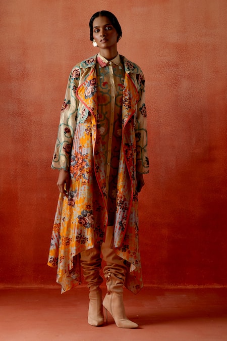 Jajaabor Floral & Geometric Print Trench Jacket 