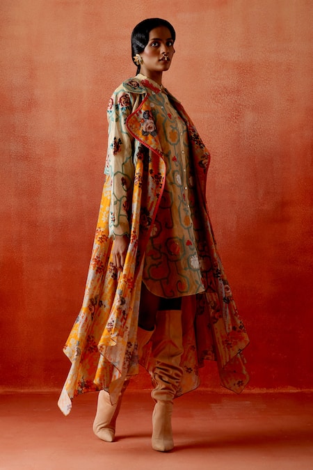 Shop Jajaabor Multi Color Chanderi Silk, Tissue Floral And Geometric Print Trench Jacket Online at Aza Fashions Shop_Jajaabor_Multi Color Chanderi Silk, Tissue Floral And Geometric Print Trench Jacket _Online_at_Aza_Fashions