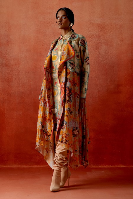 Jajaabor Multi Color Chanderi Silk, Tissue Floral And Geometric Print Trench Jacket at Aza Fashions Jajaabor_Multi Color Chanderi Silk, Tissue Floral And Geometric Print Trench Jacket _at_Aza_Fashions