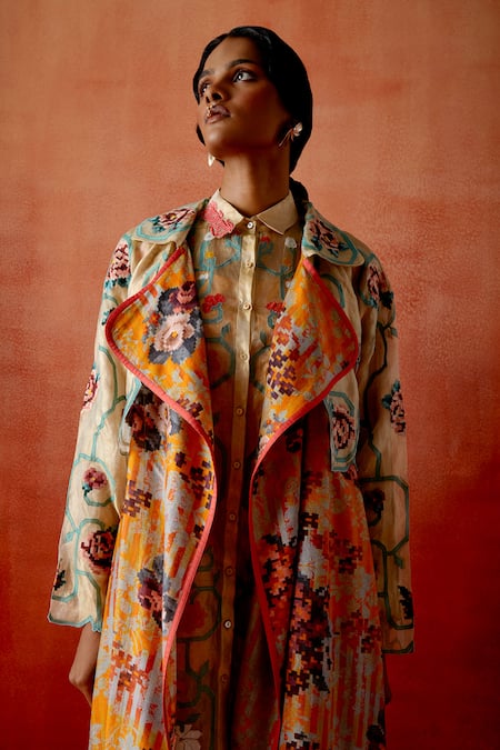 Buy Jajaabor Multi Color Chanderi Silk, Tissue Floral And Geometric Print Trench Jacket Buy_Jajaabor_Multi Color Chanderi Silk, Tissue Floral And Geometric Print Trench Jacket