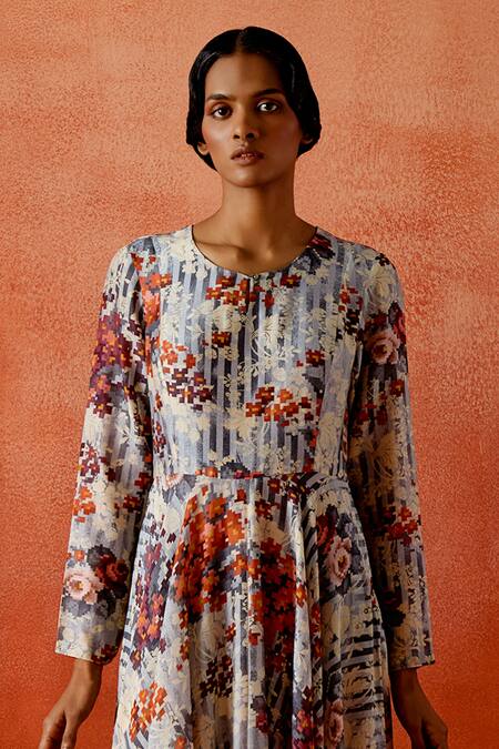 Jajaabor_Multi Color Chanderi Silk Round Neck Printed Anarkali _Online_at_Aza_Fashions