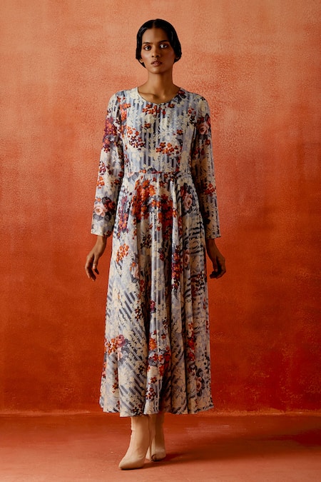 Buy_Jajaabor_Multi Color Chanderi Silk Round Neck Printed Anarkali _Online_at_Aza_Fashions