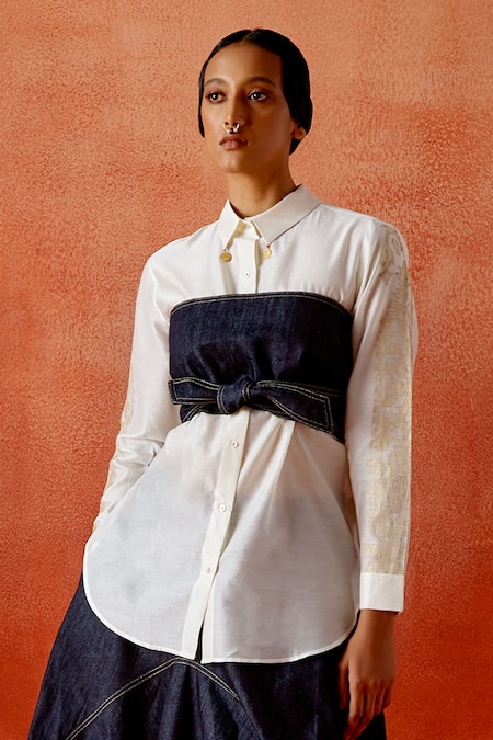 Jajaabor_Ivory Silk, Chanderi, Denim Collared Shirt And Barrel Skirt Set _Online_at_Aza_Fashions
