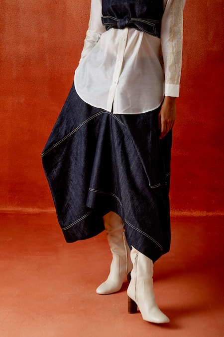 Buy_Jajaabor_Ivory Silk, Chanderi, Denim Collared Shirt And Barrel Skirt Set _Online_at_Aza_Fashions