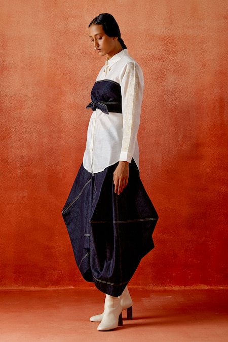 Jajaabor Chanderi Shirt & Denim Barrel Skirt Set 