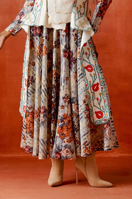 Jajaabor_Ivory Chanderi Silk Embroidery Open Pomegranate Jacket With Printed Anarkali _Online_at_Aza_Fashions