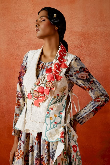 Shop_Jajaabor_Ivory Chanderi Silk Embroidery Open Pomegranate Jacket With Printed Anarkali _Online_at_Aza_Fashions