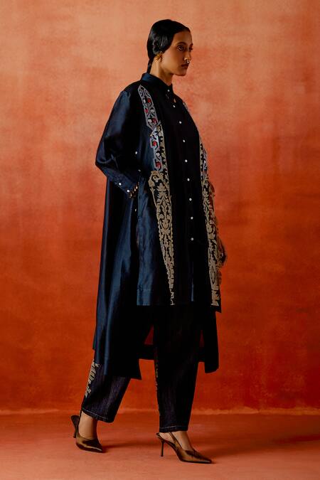 Jajaabor_Blue Chanderi Silk, Denim Embroidery Collared Pleated Tunic And Pant Set _at_Aza_Fashions