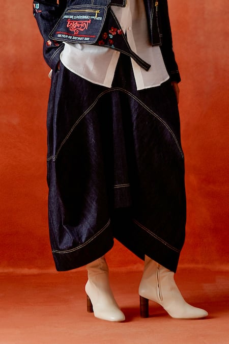 Jajaabor_Blue Denim, Chanderi Embroidery Collared Biker Jacket Skirt Set _Online_at_Aza_Fashions